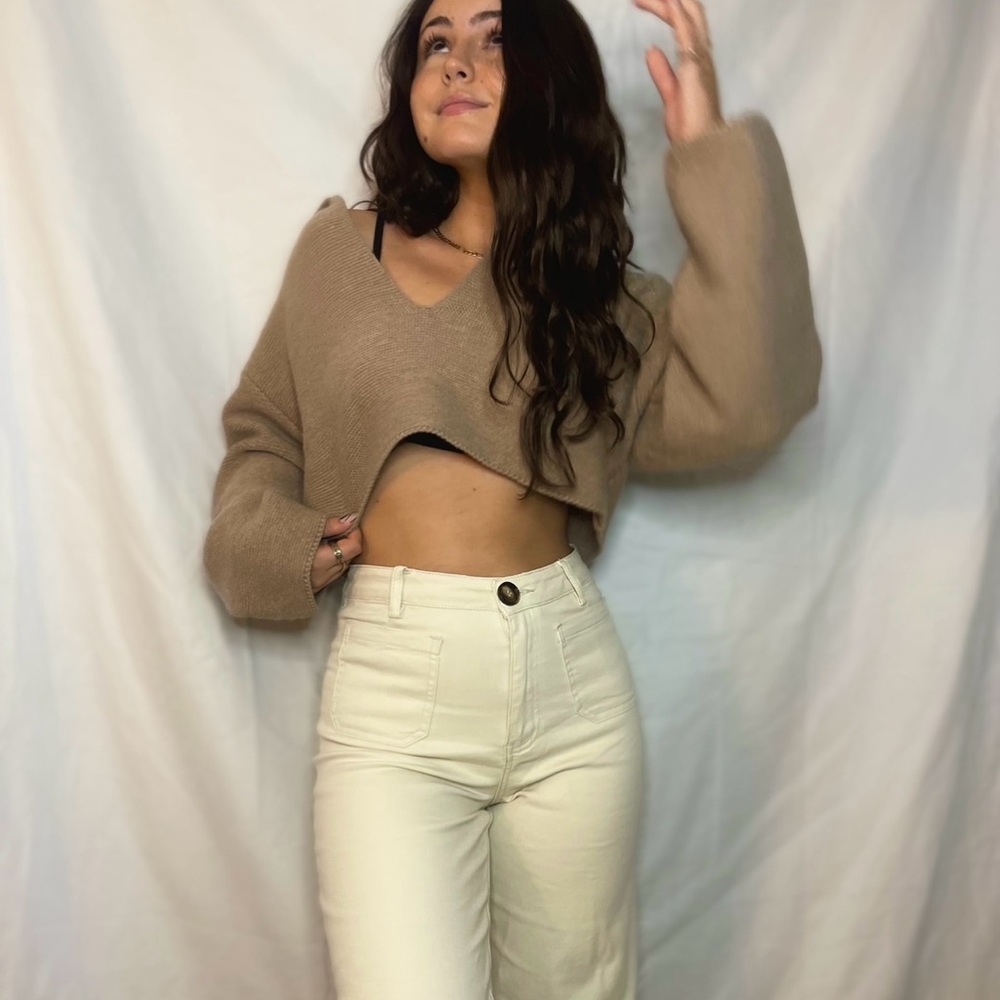 Taupe off the shoulder collard sweater.